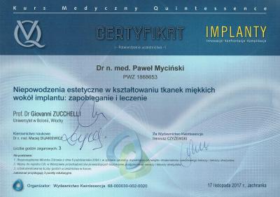 Dr Paweł Myciński - Certyfikat 17 listopad 2017 Jachranka